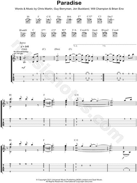 coldplay paradise guitar tab in f major download and print sku