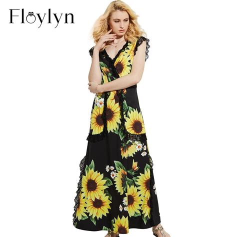 floylyn women maxi dress sunflower print black yellow ankle length summer v neck women dresses