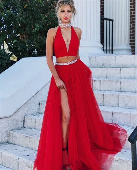 two piece prom dress high neck prom dress tulle prom dress red evening