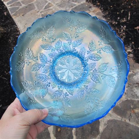 antique fenton holly celeste blue carnival glass ics bowl carnival glass