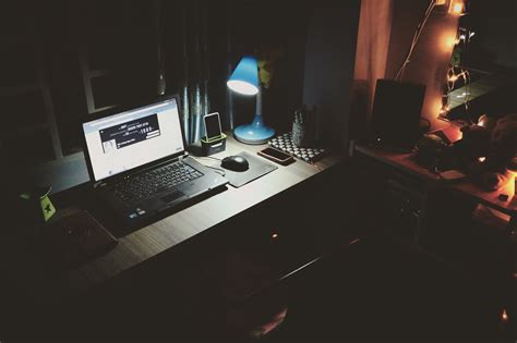 computer laptop desk light lamp dark room wallpaperhd