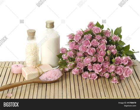 spa setting pink rose image photo  trial bigstock