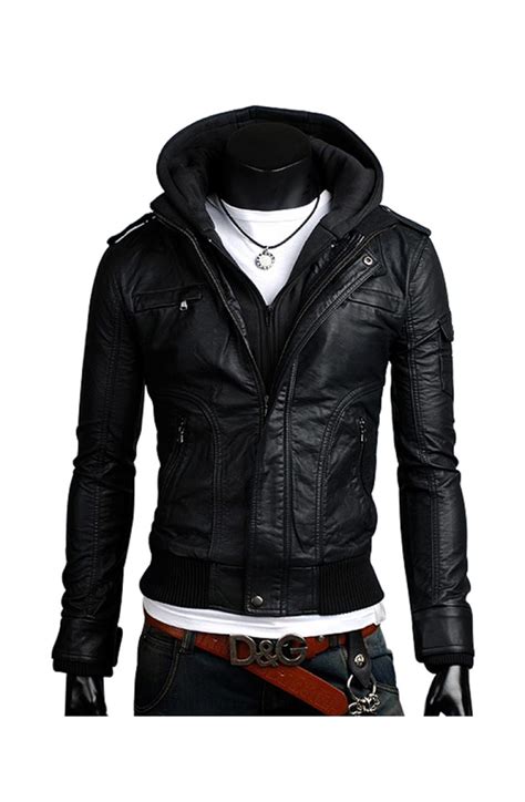 Slim Fit Black Leather Jacket With Hoodie For Men