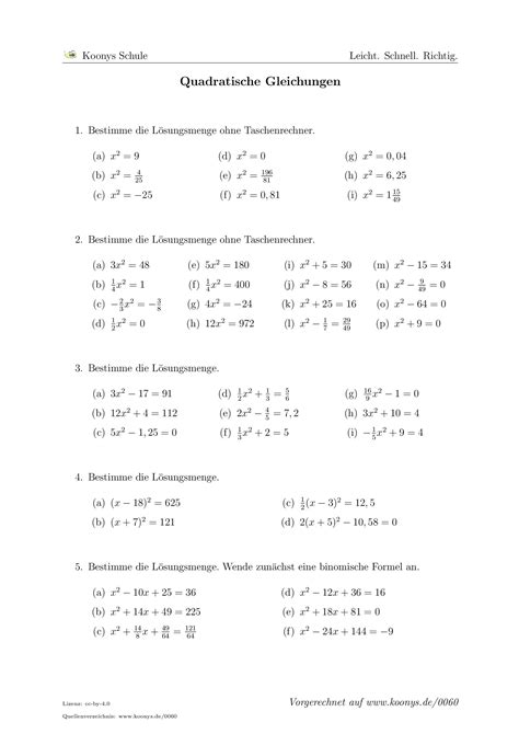 quadratische gleichungen arbeitsblatt  gleichung