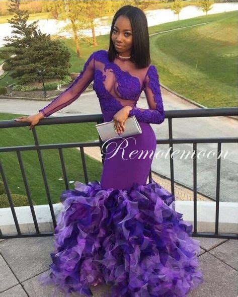 african purple lace long sleeves mermaid prom dress  long ruffled organza skirt black girls