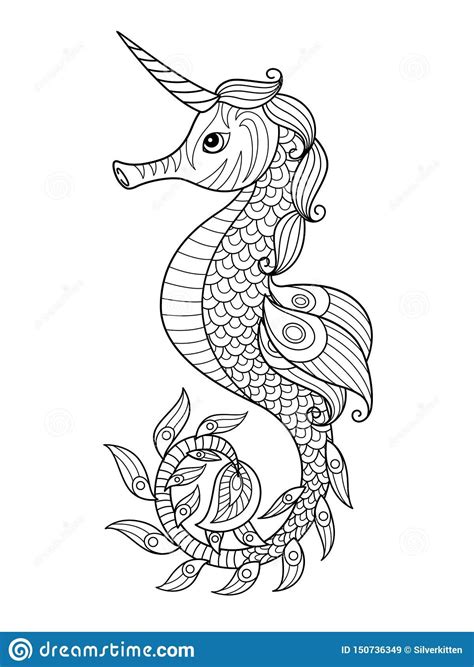 sea doodle coloring book page unicorn seahorse stock vector