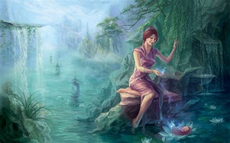art stream girl water river waterfall pond forest
