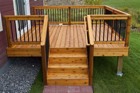 simple  inexpensive cedar deck  aluminum hybrid rails built  deck  basement