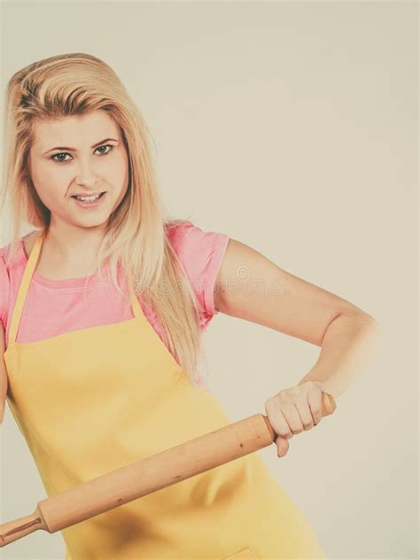 Woman Wearing Apron Holding Rolling Pin Stock Image Image Of Food
