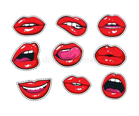 photo about lips sign print in comics style fashion set of patches