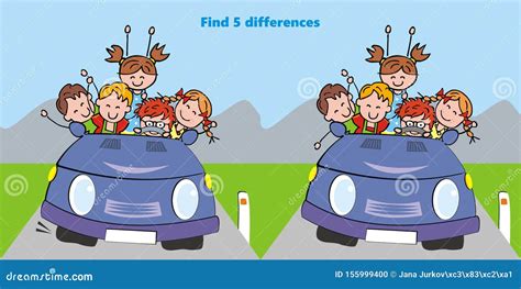 happy kids  car find  differences vector illustration stock