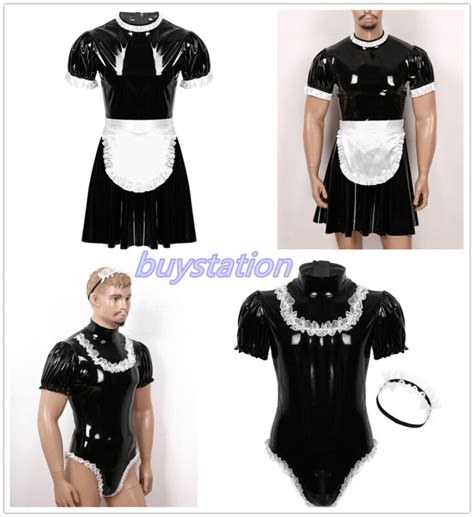men wetlook leather maid uniform halloween cosplay servant dress