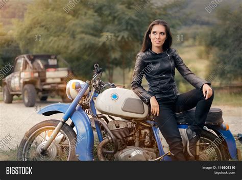 biker girl leather image and photo free trial bigstock