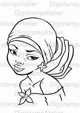 African Headwrap Digi Colorir Stamps Africanas Africanos Negras Nubian Coloriage Digistamp Imprimir Rostros Mulher Vendido sketch template