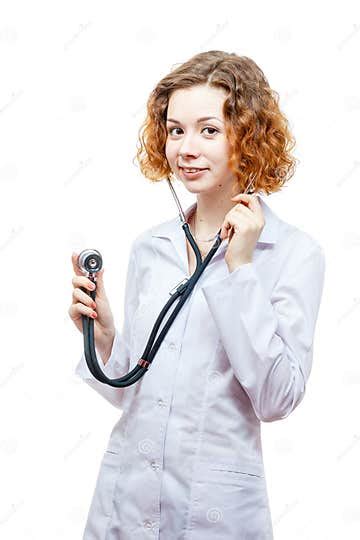 Cute Redhead Doctor In Lab Coat With Stethoscope Stock Image Image Of