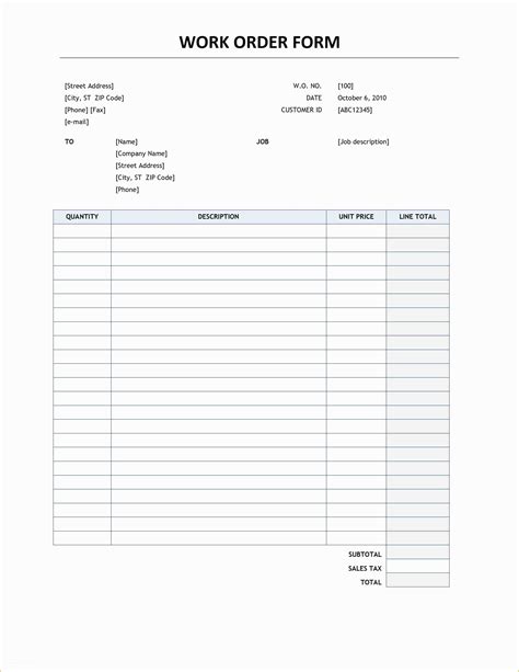 order form template  printable work order form