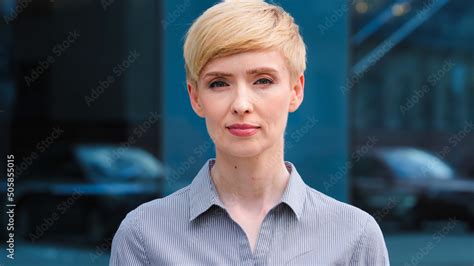 Close Up Female Serious Face Headshot Portrait Outdoors Caucasian