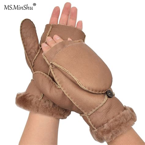 Ms Minshu Sheepskin Mittens Sheep Leather Gloves Winter Hand Warmer