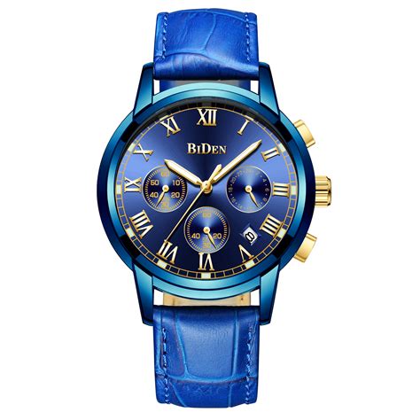 mens quartz watch blue face leather strap 3 dials design unique t