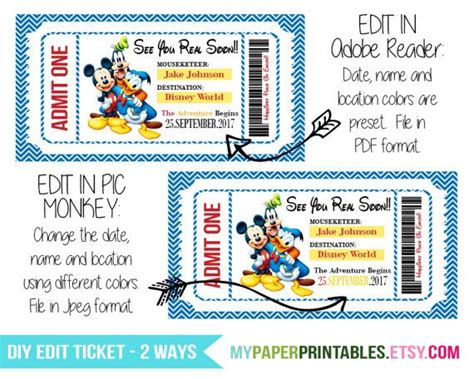 printable ticket  disney diy personalize instant  etsy