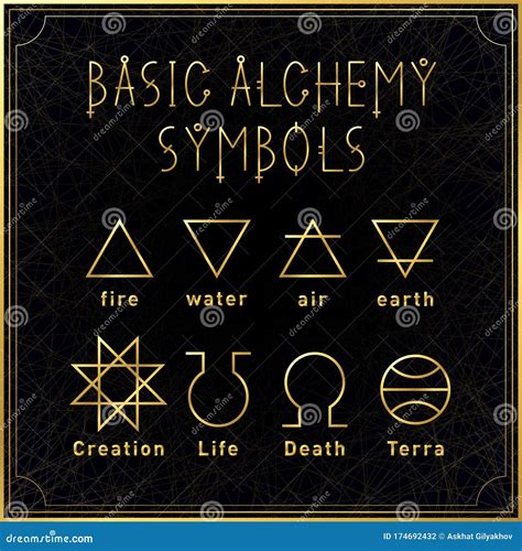 alchemical golden basic symbols set  dark background elements
