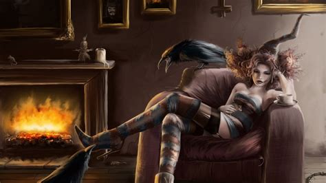 1920x1080 px art babes cats dark fantasy horror lingerie occult sexy