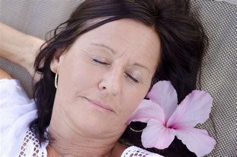 Sleeping Mature Woman With Flower Stock Image Image Of Aged