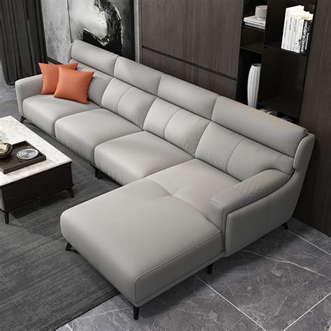 light gray faux leather sectional sofa   chaise  shape