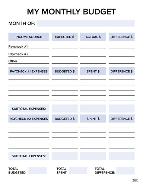 monthly budget template  printable