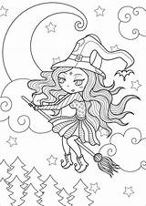 Halloween Coloring Witch Pages Simple Happy Adults Moon Adult Beautiful Color Starry Flight Sky Background Printable Justcolor Kids Visit Print sketch template
