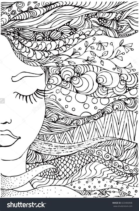 ink doodle womans face  flowing coloring page zendala