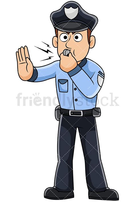male police officer blowing whistle vector cartoon clipart