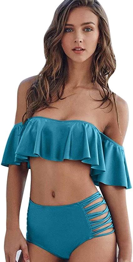 Dsdsmzzy Women Sexy Two Piece Off Shoulder Swimsuit Ruffled