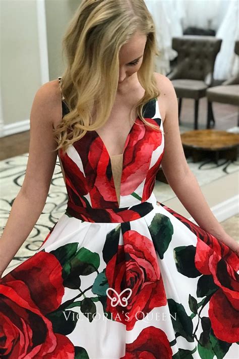red rose flower printed designer long prom dress vq