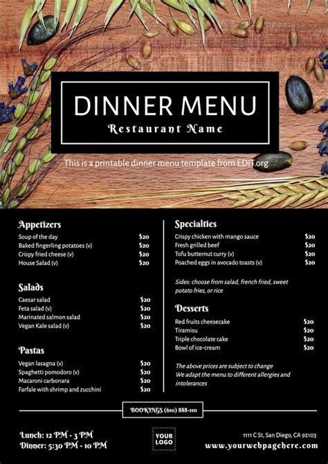 printable dinner menu templates