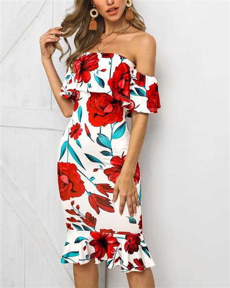 off shoulder floral print ruffles dress ruffled dress