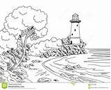 Kust Schetsillustratie Zwarte Grafische Overzeese Vuurtoren Witte Landschap Coastline sketch template
