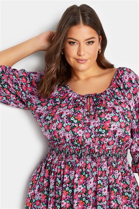 Yours Plus Size Pink Floral Print Shirred Waist Gypsy Top Yours Clothing