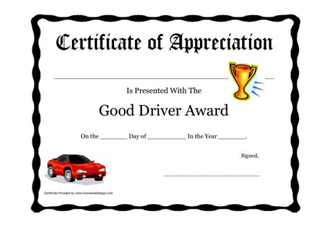 good driver award certificate template red car  printable