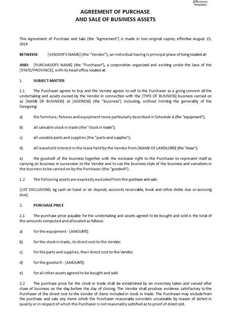 business sale agreement template addictionary