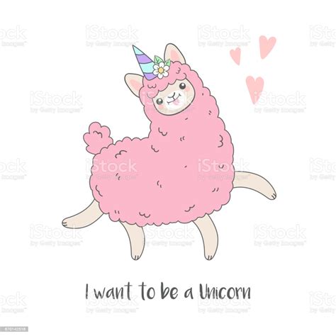 Cute Pink Fluffy Unicorn Llama Stock Illustration
