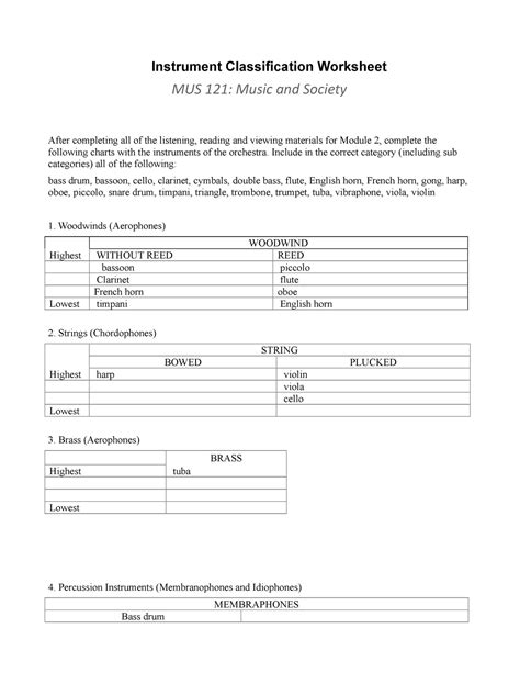 mus  instrument classification worksheet instrument classification