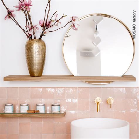 beautiful bathroom with pink vanity splashback tiles from mosaic