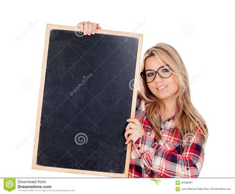 beautiful blonde girl with glasses holding a slate stock