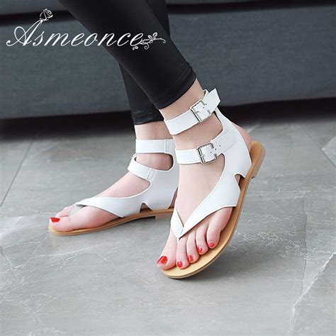 Women Thong Sandals Ankle Buckle Strap Leather Gladiator Flat Heel