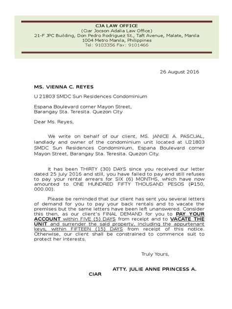 demand letter  vacate condominium unit urban property