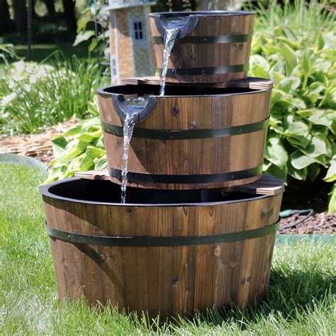 sunnydaze wood barrel water fountain  tier waterfall fountain backyard water feature