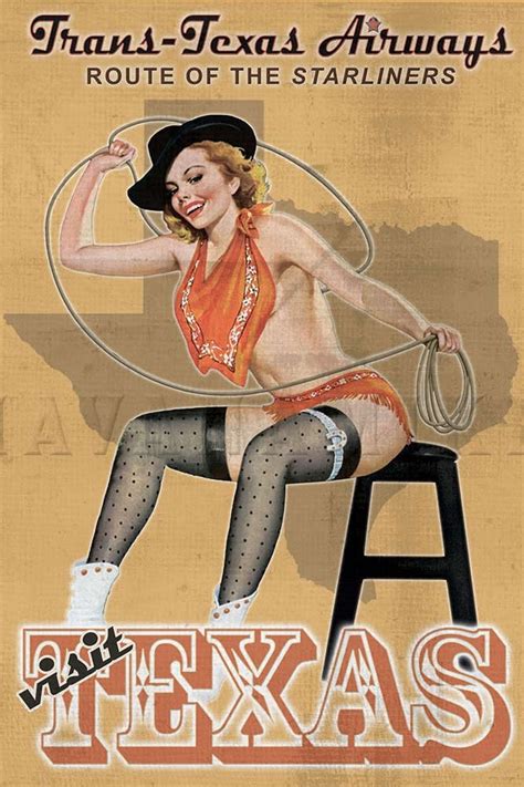 Texas Cowgirl Travel Vintage Pinup Poster Print With Starship Etsy