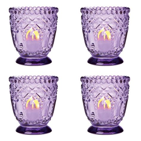Set Of 4 Purple Vintage Glass Candle Holder Fancy Faceted Design