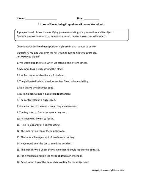 prepositional phrases worksheet high school promotiontablecovers